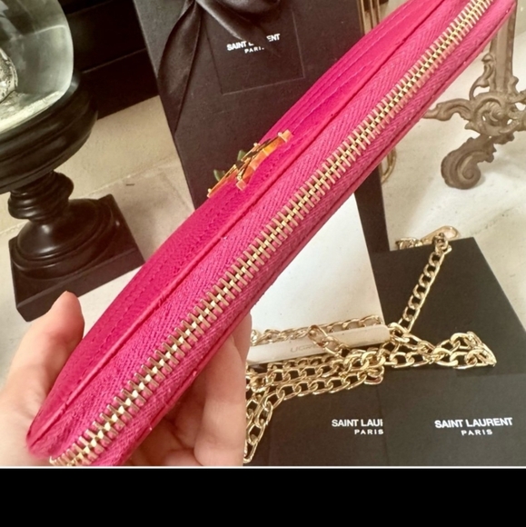 Saint Laurent YSL Monogram Zip Around Wallet with Chain Bubblegum - Picture 11 of 14